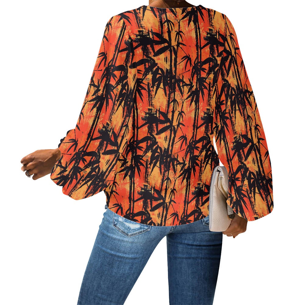 Bamboo at Sunset V-Neck Women Puff Sleeve Chiffon Blouse by Luxtrini