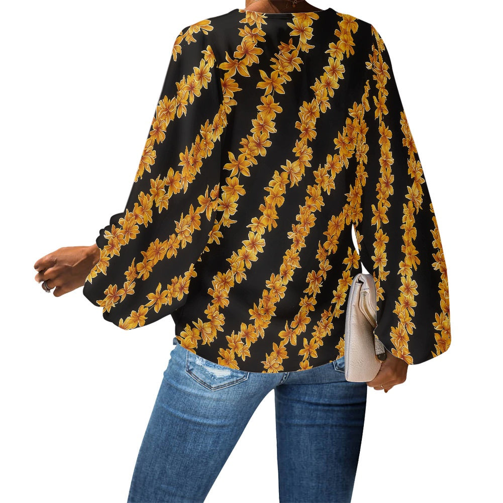 V-Neck Chiffon Puff Sleeve Blouse with Hawaiian Lei Pattern – Tropical and Stylish by Luxtrini