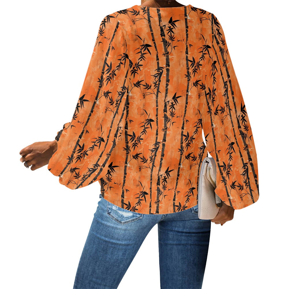 Bamboo at Sunset V-Neck Women Puff Sleeve Chiffon Blouse by Luxtrini