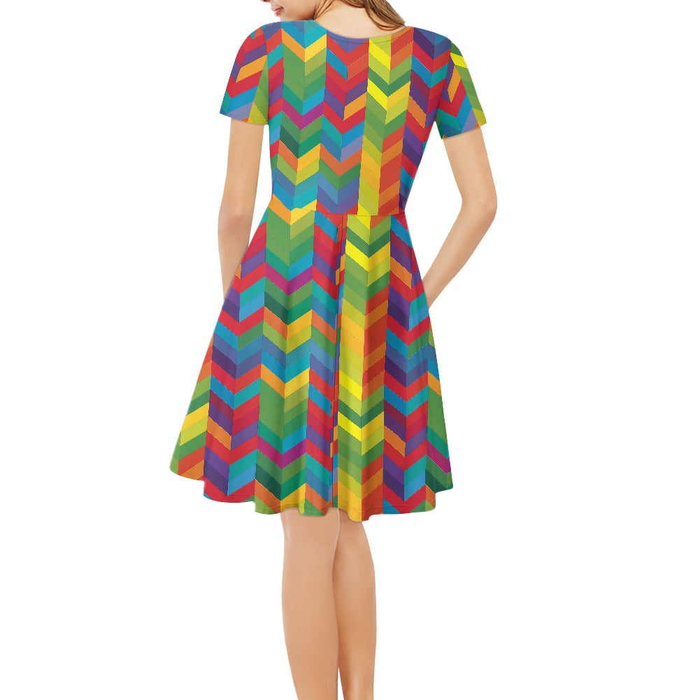 Chevron Rainbow Women V-Neck Short Sleeve Ruffle Dress