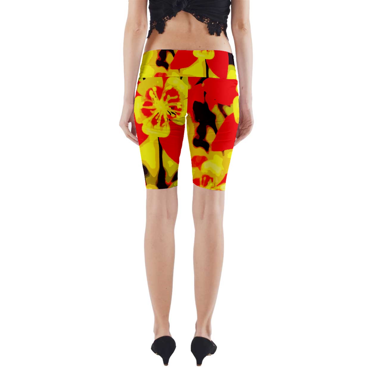 Red and Yellow Hibiscus Yoga Cropped Leggings