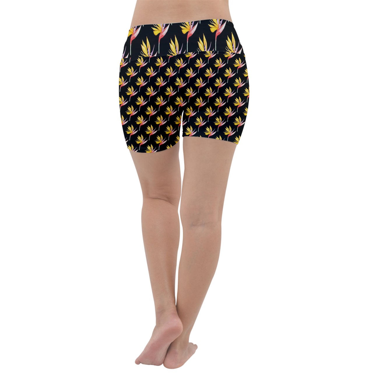 Lightweight Velour Yoga Shorts Bird of Paradise on Black