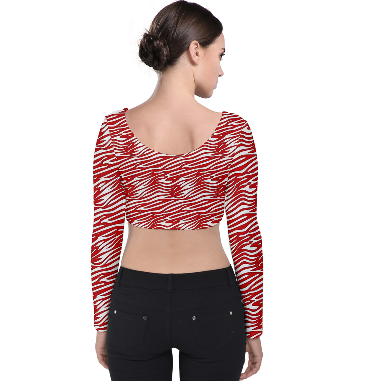 Velvet Long Sleeve Crop Top Red Stripes