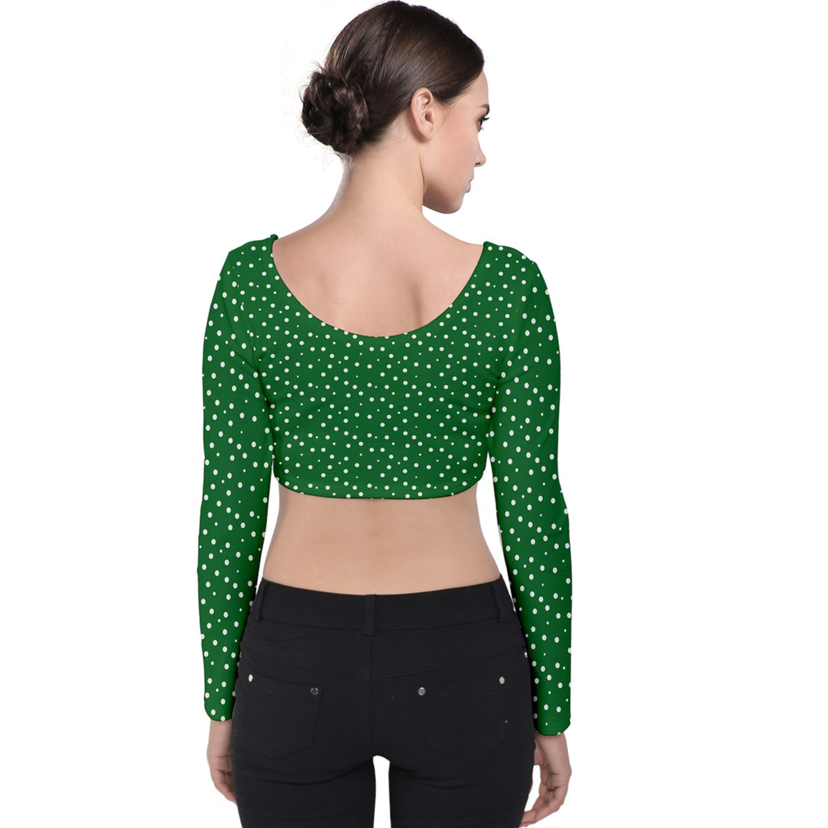 Velvet Long Sleeve Crop Top Green Dots