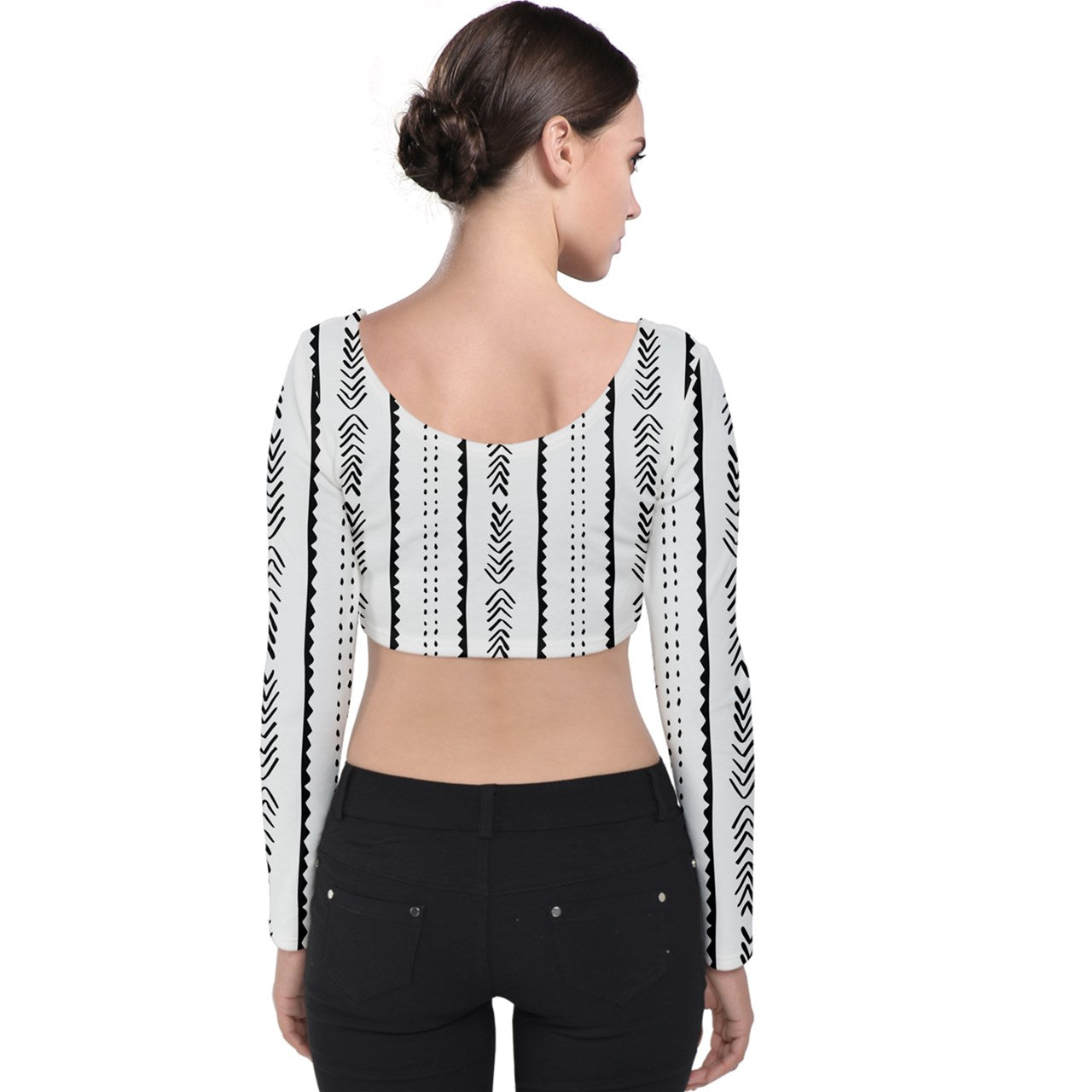 African Mudcloth #20 Velvet Long Sleeve Crop Top