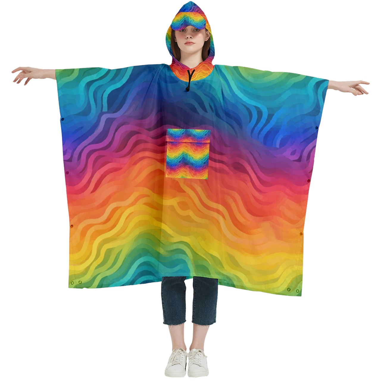 Brushed Cotton Long Hooded Poncho - Rainbow