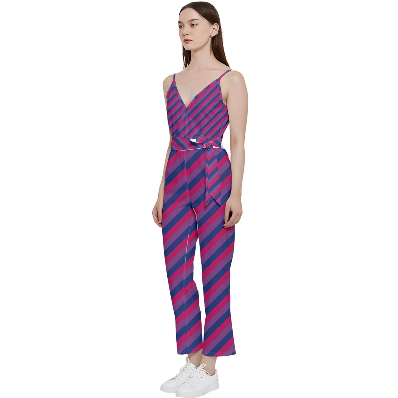 Bisexual Flag V-Neck Spaghetti Strap Tie Front Jumpsuit