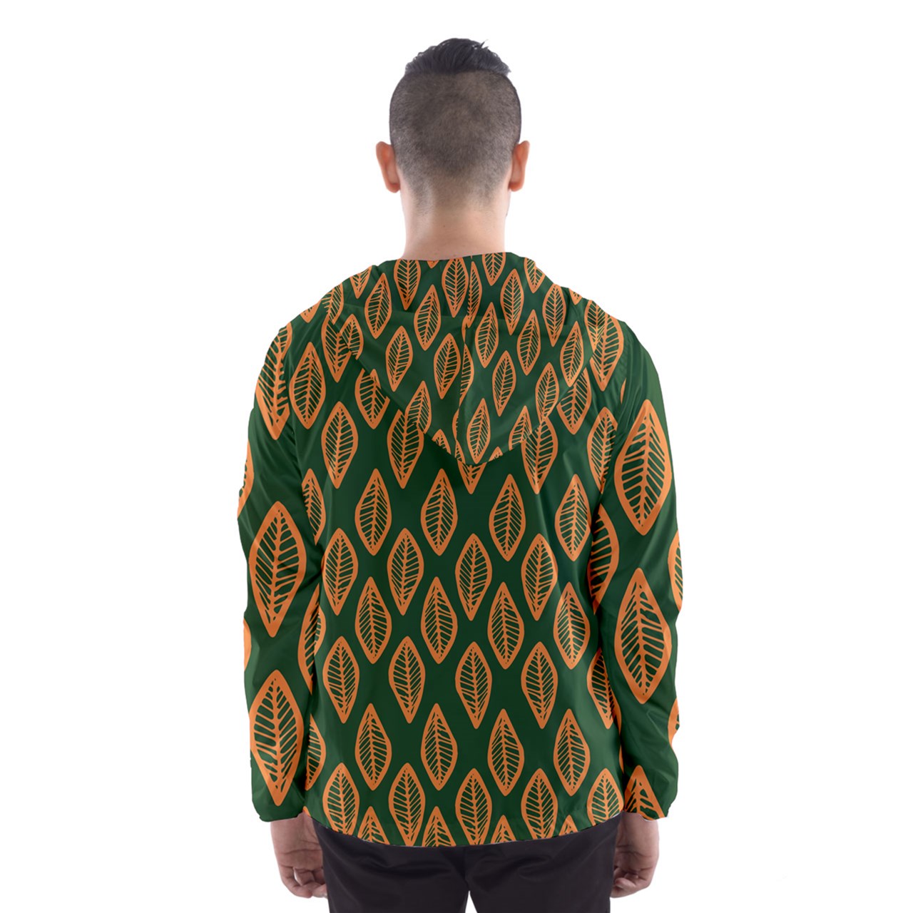 African | Ethnic | Mudcloth | #16 Green and Orange Men's Hooded Windbreaker