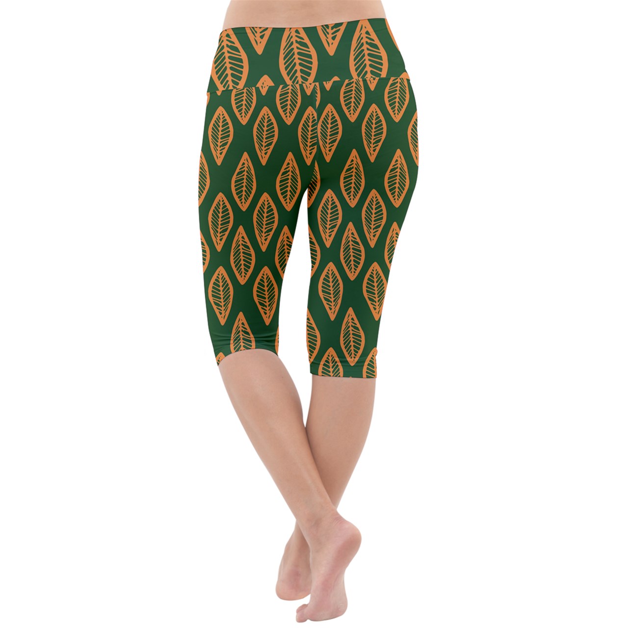 African | Ethnic | Mudcloth | #16 Green and Orange Lightweight Velour Cropped Yoga Leggings