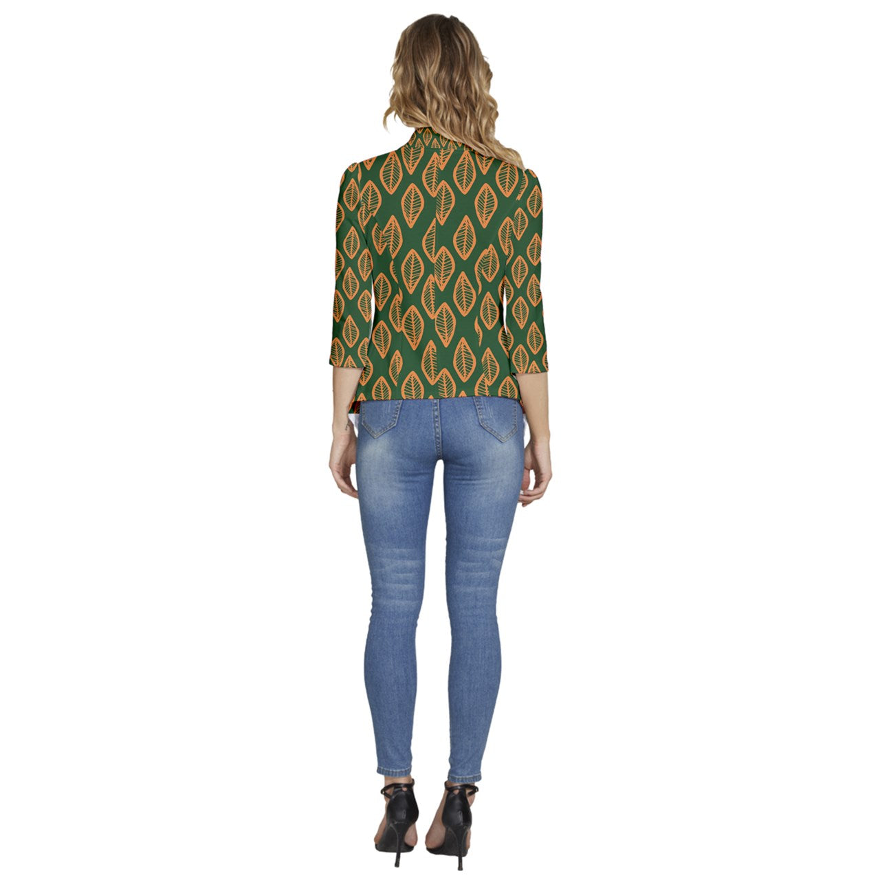 African | Ethnic | Mudcloth | #16 Green and Orange Women's 3/4 Sleeve Ruffle Edge Open Front Jacket