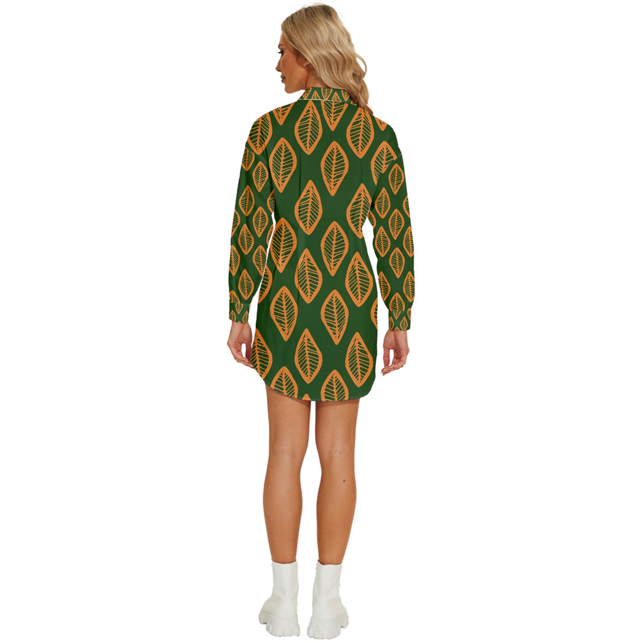 African | Ethnic | Mudcloth | #16 Green and Orange Womens Long Sleeve Shirt Dress