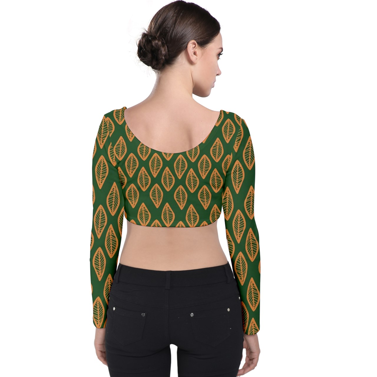 African Ethnic Orange Green Velvet Long Sleeve Crop Top