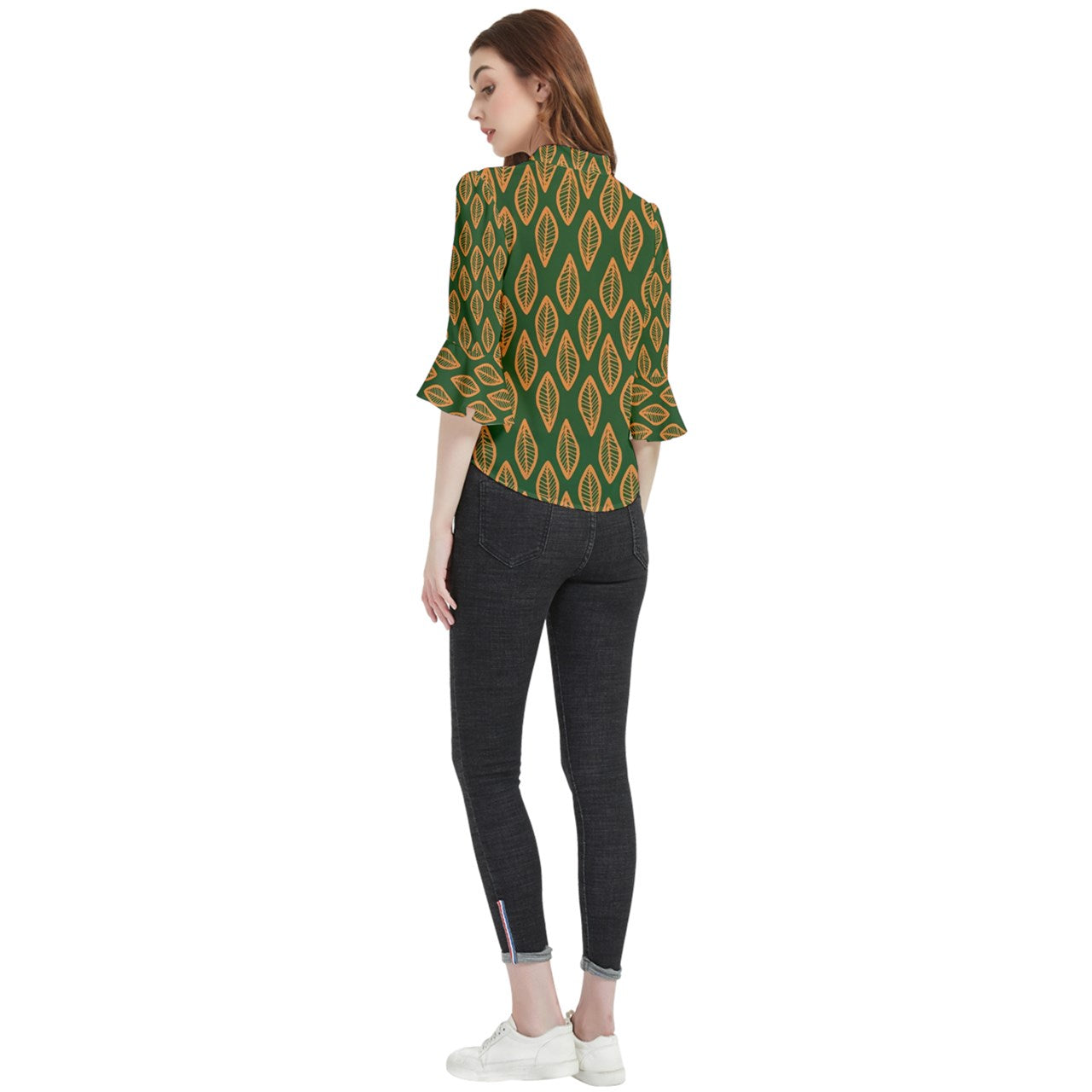African Ethnic Orange Green Loose Horn Sleeve Chiffon Blouse