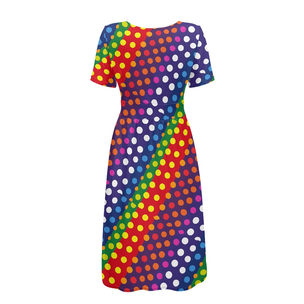 LGBTQ-Friendly Rainbow Polka Dot Elegant V-Neck A-Line Dress with Fitted Bodice and Flared Skirt by Luxtrini