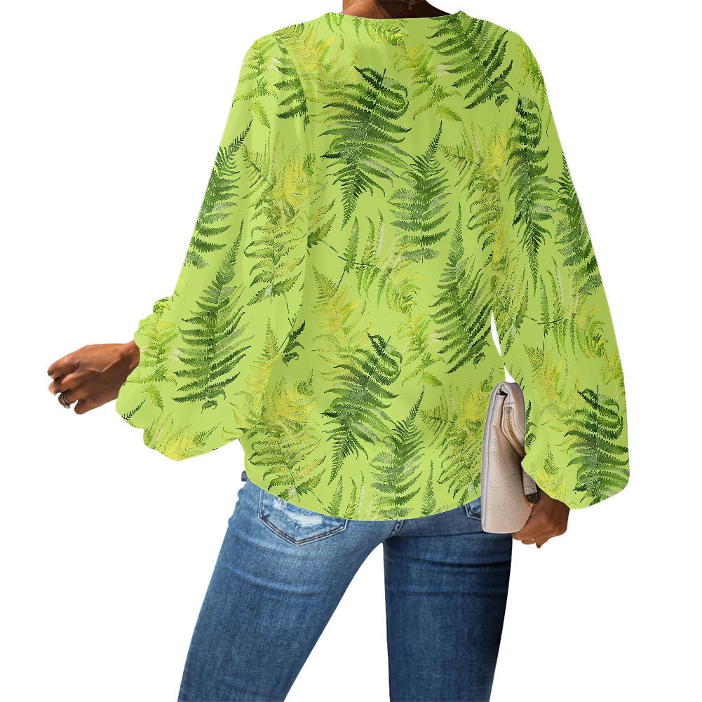 Palapalai V-Neck Women Puff Sleeve Chiffon Blouse