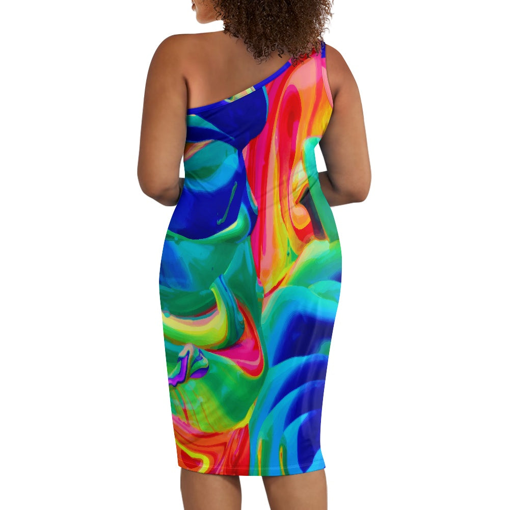 Discover Elegance: Luxtrini's One-Shoulder Slim Dress - Rainbow Confusion