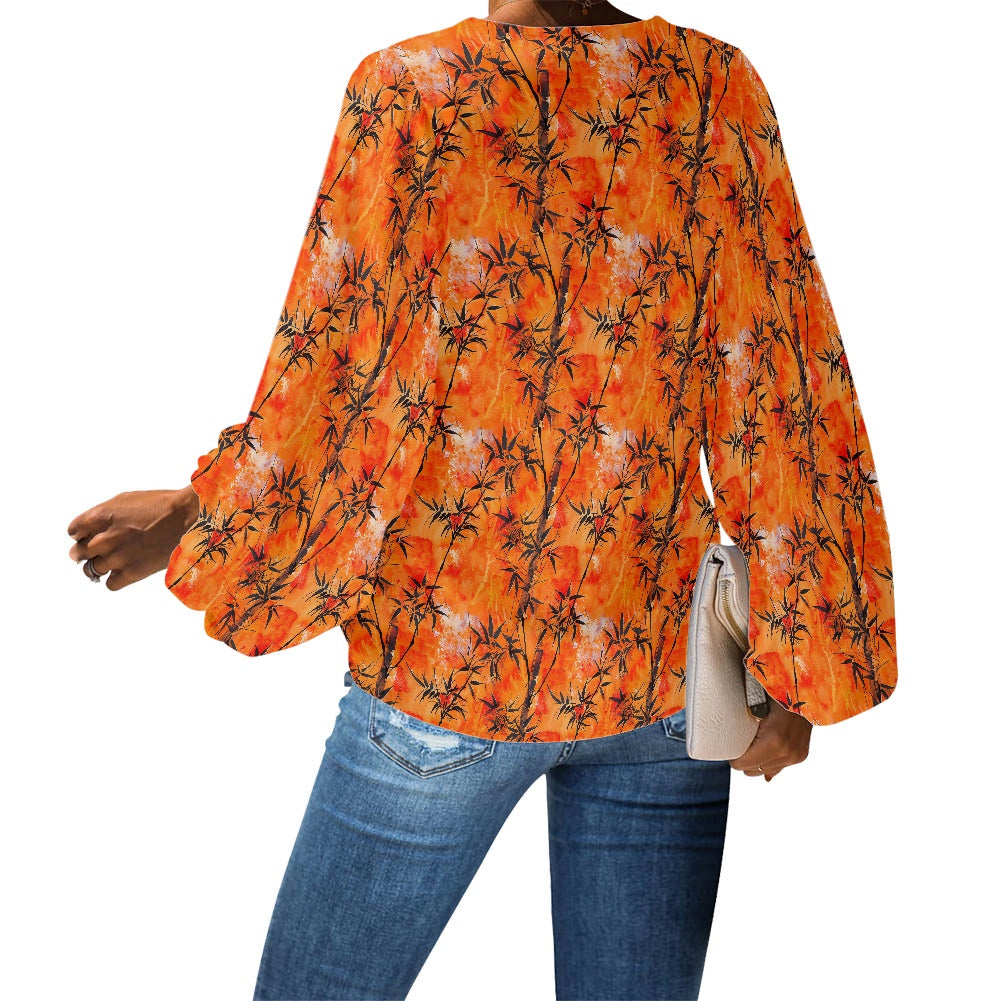 Bamboo at Sunset V-Neck Women Puff Sleeve Chiffon Blouse by Luxtrini