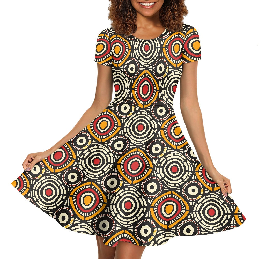African Ethnic Circle Pattern Women Scoop Neck Short Sleeve Ruffle Dress
