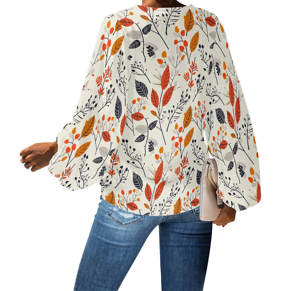 Floral V-Neck Puff Sleeve Chiffon Blouse