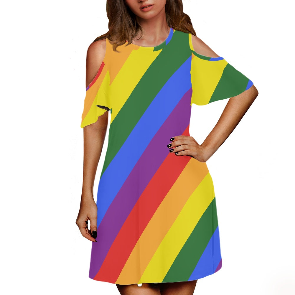 Rainbow Cold shoulder dress with a round neckline