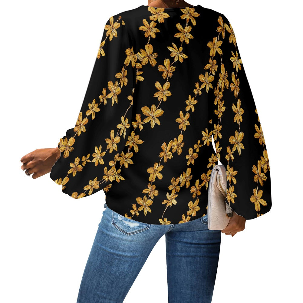 Black and Gold Tropical Lei V-Neck Chiffon Puff Sleeve Blouse by Luxtrini