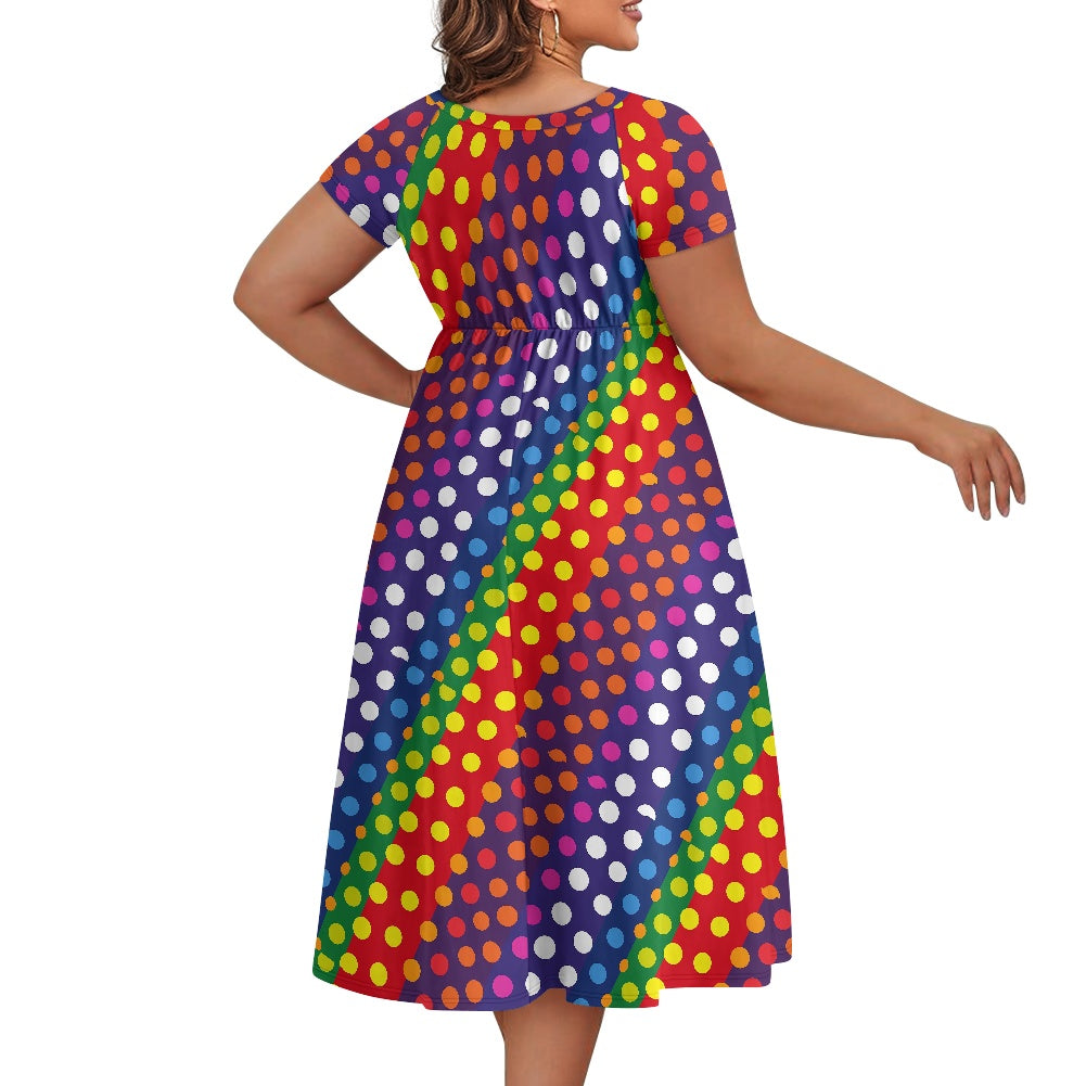 LGBTQ-Friendly Rainbow Polka Dot Women's Scoop Neck Short Sleeve Ruffle Dress by Luxtrini
