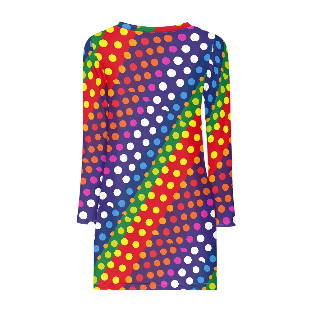 🌈Rainbow Polka Dot Long Sleeve Slim Dress – LGBTQ+ Friendly Bodycon Midi by Luxtrini | Handmade, Breathable & Bold