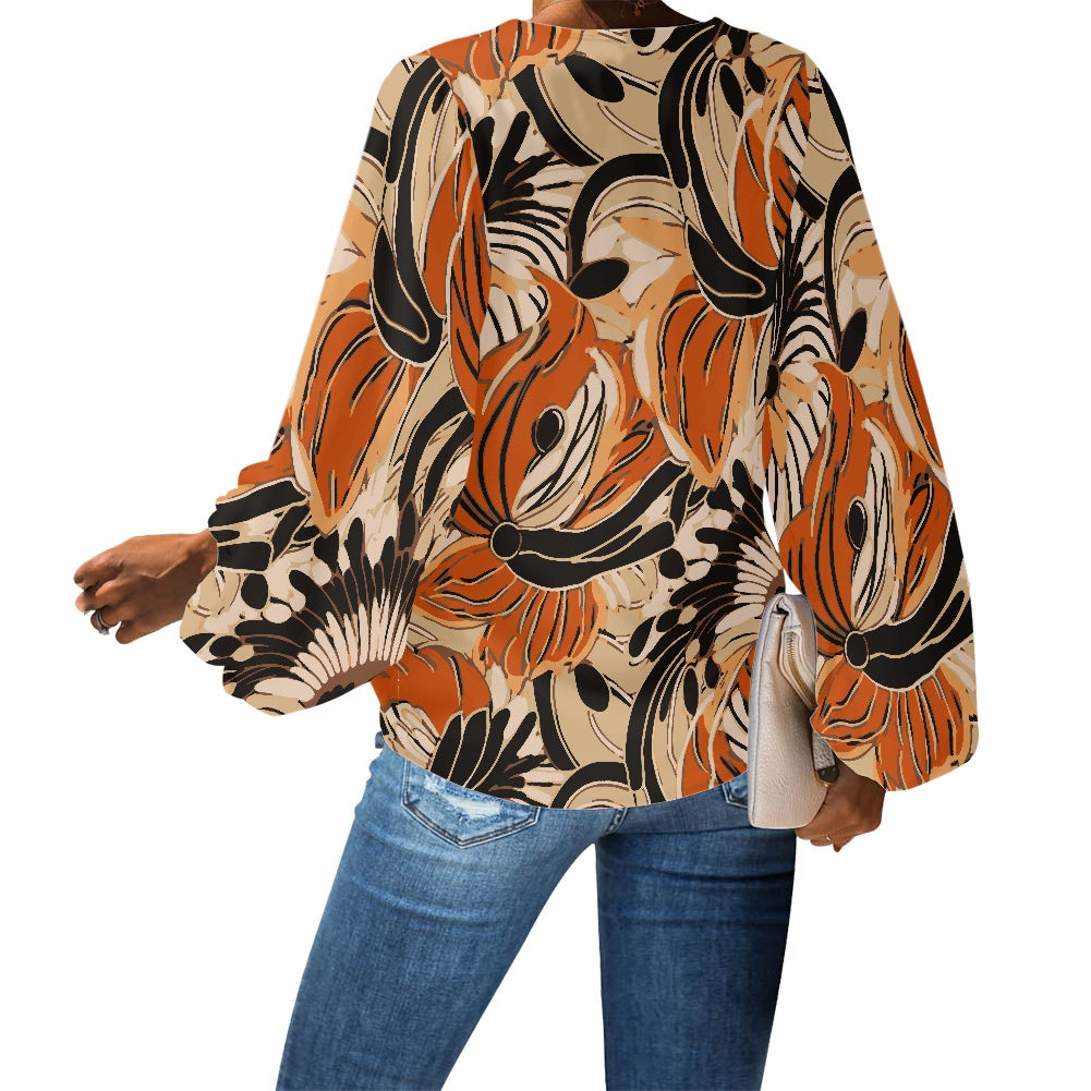 African Ethnic Floral pattern V-Neck Chiffon Puff Sleeve Blouse by Luxtrini