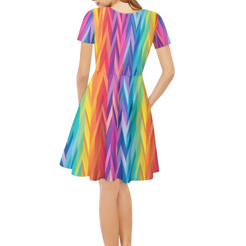 Rainbow Chevrons Women V-Neck Short Sleeve Ruffle Dress