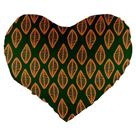 African | Ethnic | Mudcloth | #16 Green and Orange Large 19" Premium Plush Fleece Heart Shape Cushion
