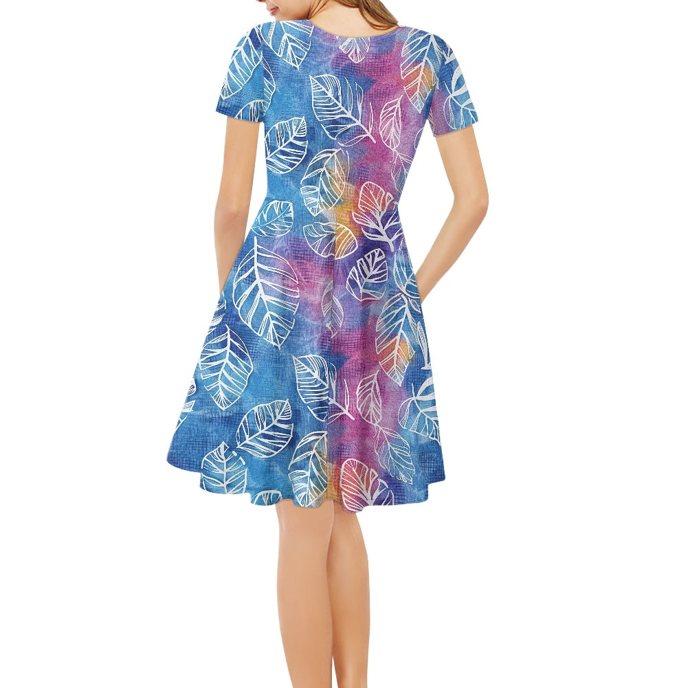 Blue and Purple Leaves Women V-Neck Short Sleeve Ruffle Dress