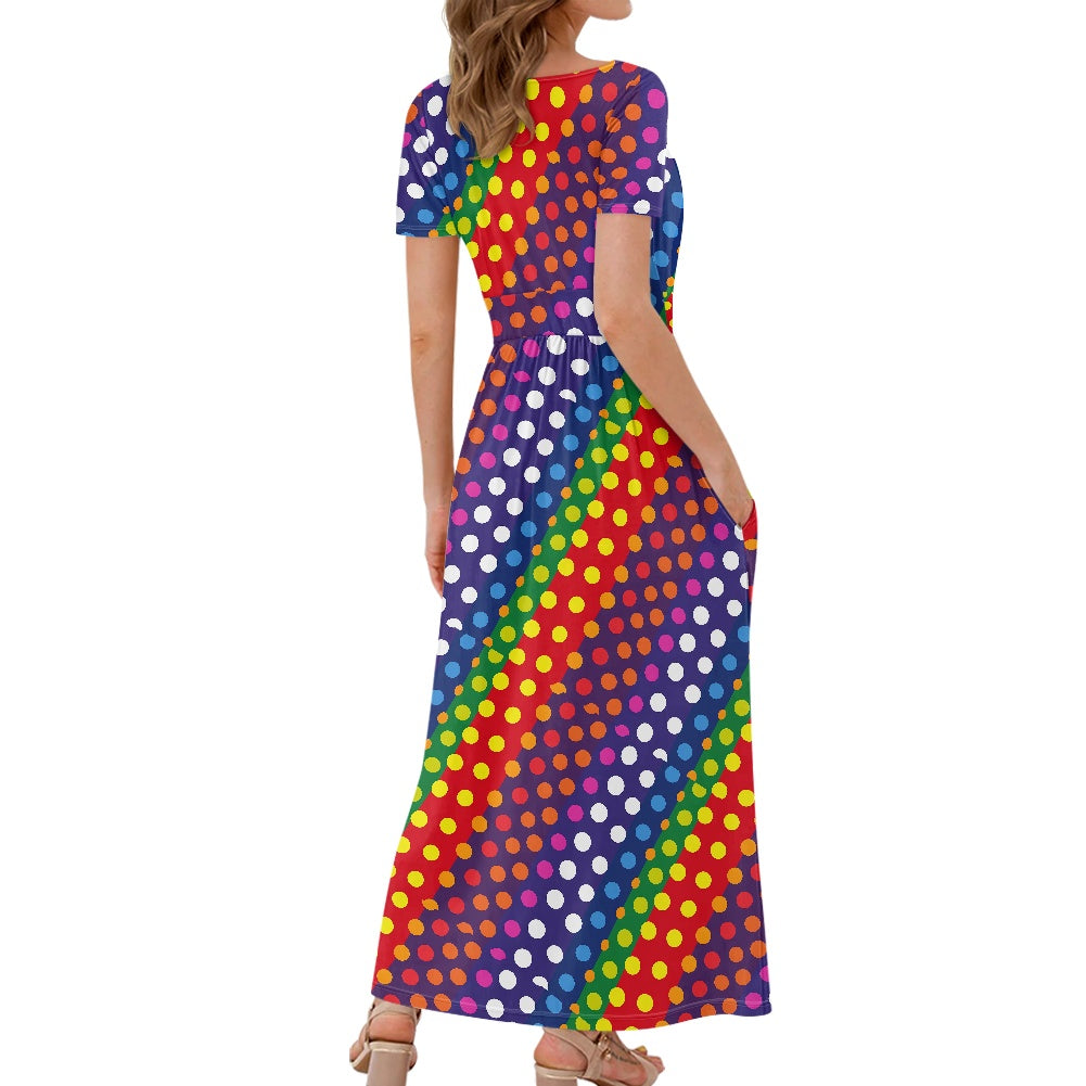 LGBTQ-Friendly Rainbow Polka Dot Flattering Short Sleeve Maxi Dress with Waistband and Flowing Skirt by Luxtrini