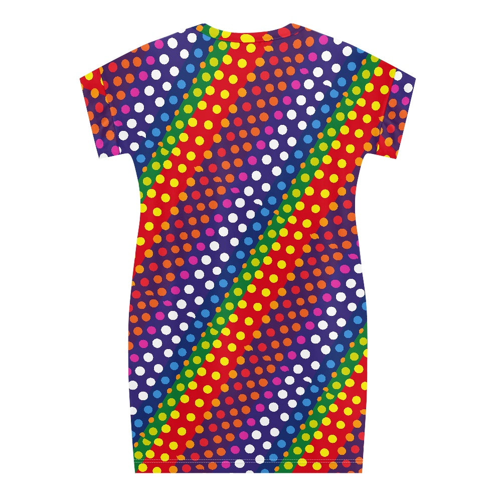 LGBTQ-Friendly Rainbow Polka Dot Relaxed Fit V-Neck Dress with Short Sleeves - Perfect Everyday Wear for Women by Luxtrini