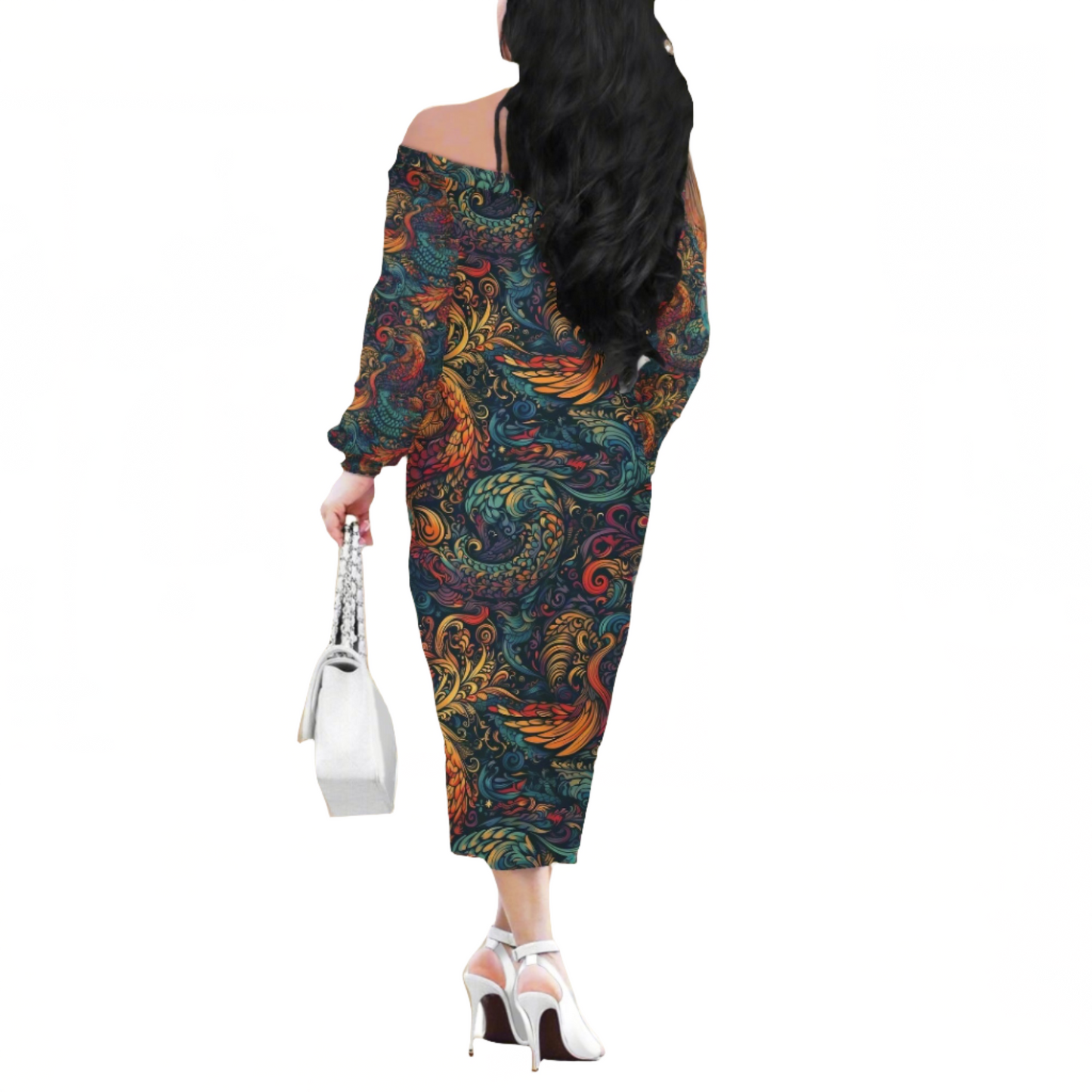 Dragon and Phoenix Women Long Sleeve Off-shoulder Dress