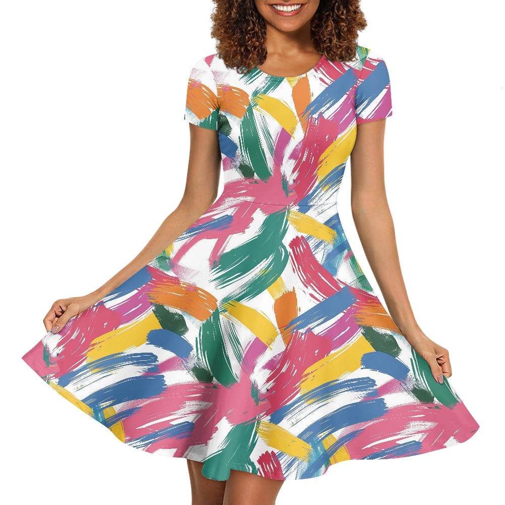 Abstract Painting Women Scoop Neck Short Sleeve Ruffle Dress