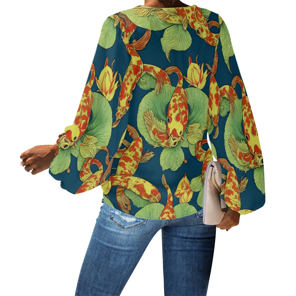 Koi Abstract V-Neck Chiffon Puff Sleeve Blouse by Luxtrini