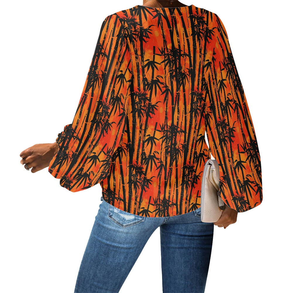 Bamboo at Sunset V-Neck Women Puff Sleeve Chiffon Blouse by Luxtrini