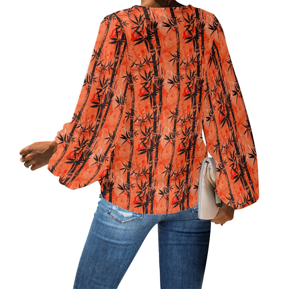 Bamboo at Sunset V-Neck Women Puff Sleeve Chiffon Blouse by Luxtrini
