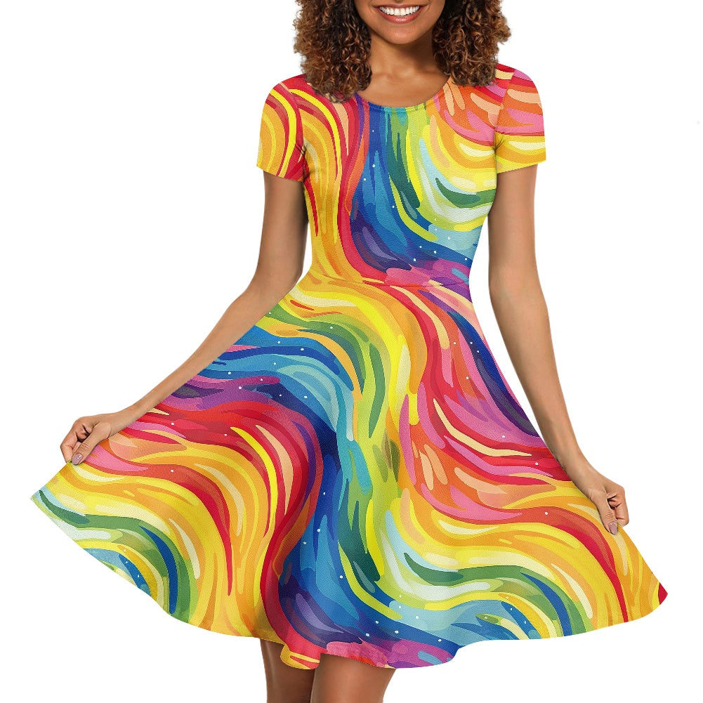 Women Scoop Neck Short Sleeve Ruffle Dress