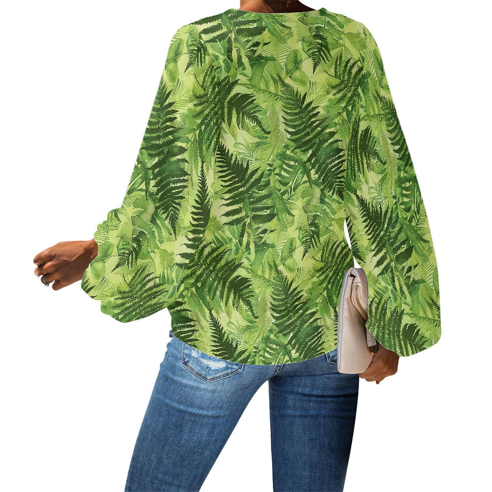 Palapalai V-Neck Women Puff Sleeve Chiffon Blouse