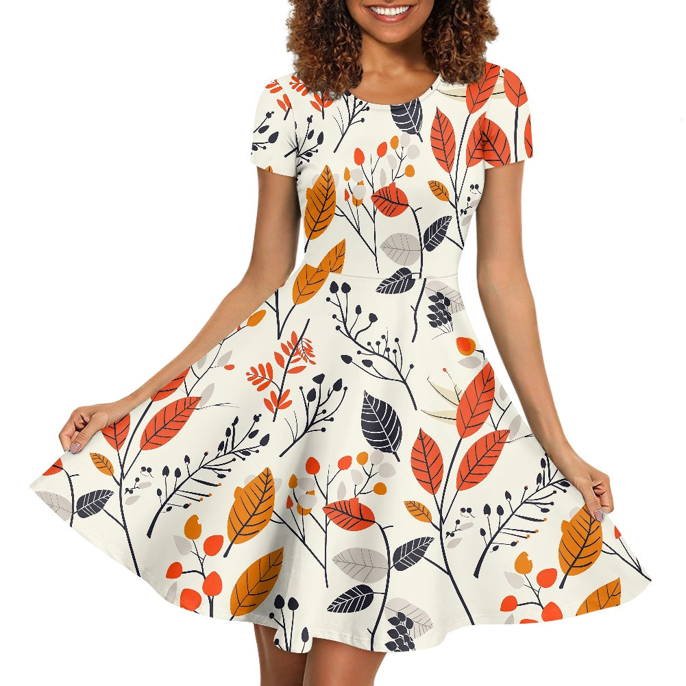 Nature Floral Women Scoop Neck Short Sleeve Ruffle Dress
