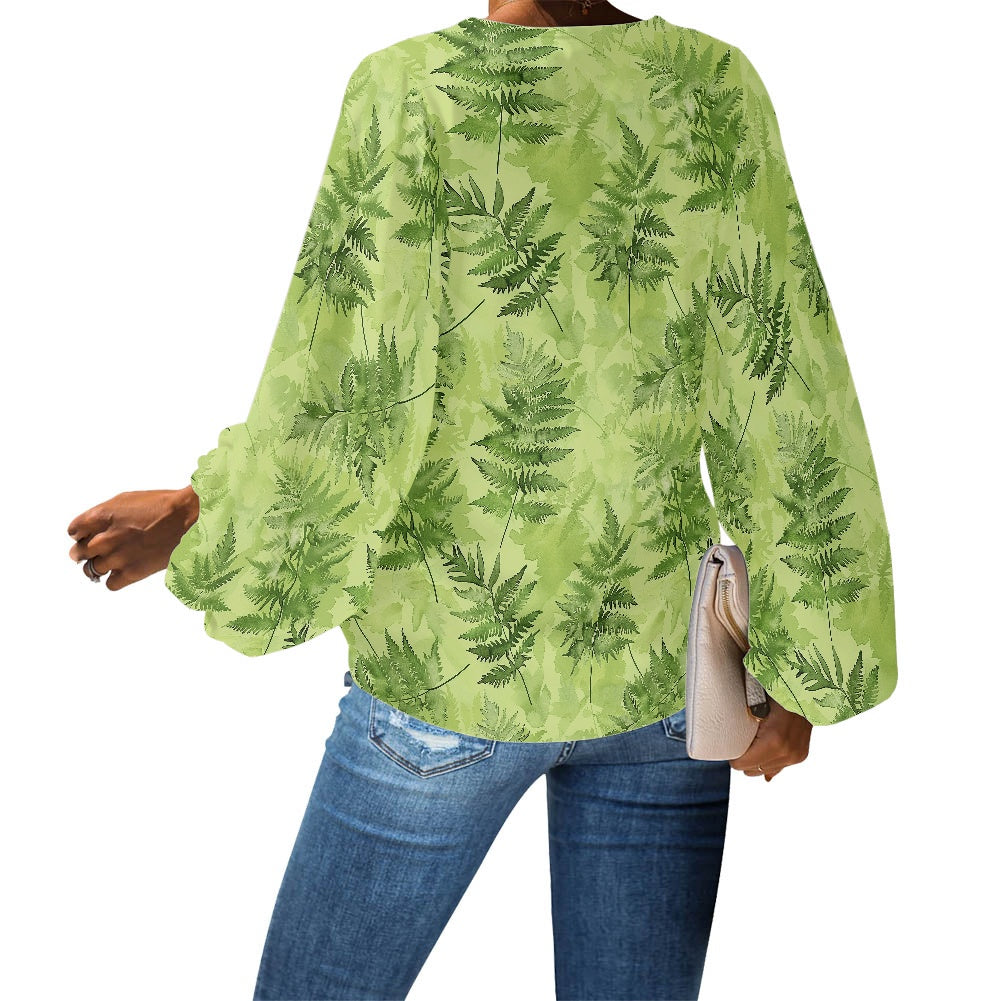 Palapalai V-Neck Women Puff Sleeve Chiffon Blouse