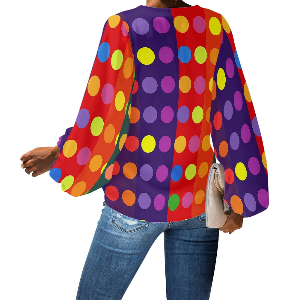 Large Polka Dots on Large Stripes V-Neck Chiffon Puff Sleeve Blouse by Luxtrini