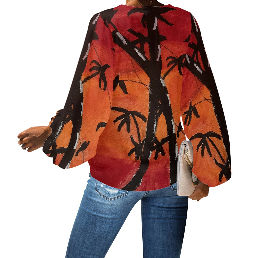Bamboo at Sunset V-Neck Chiffon Puff Sleeve Blouse by Luxtrini