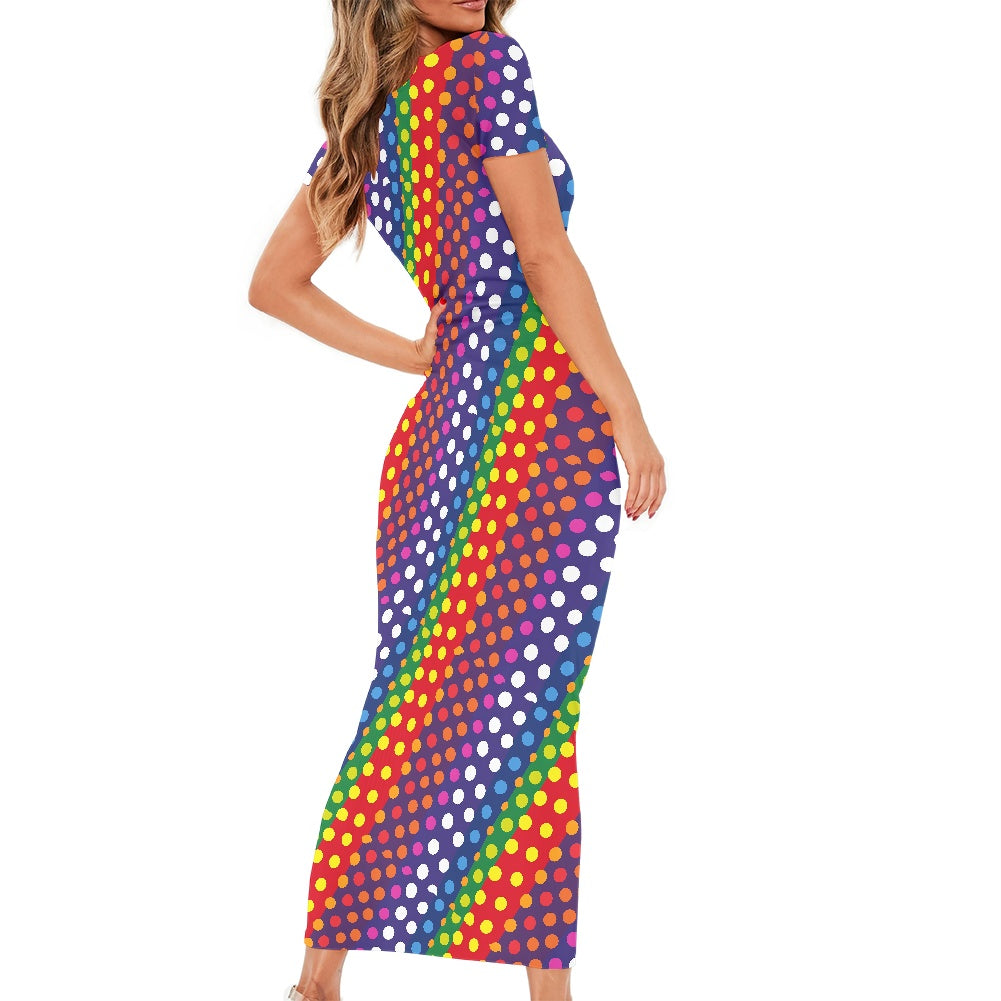LGBTQ-Friendly Rainbow Polka Dot Elegant Form-Fitting Short Sleeve Midi Dress with Round Neckline – Tailored for Curves by Luxtrini
