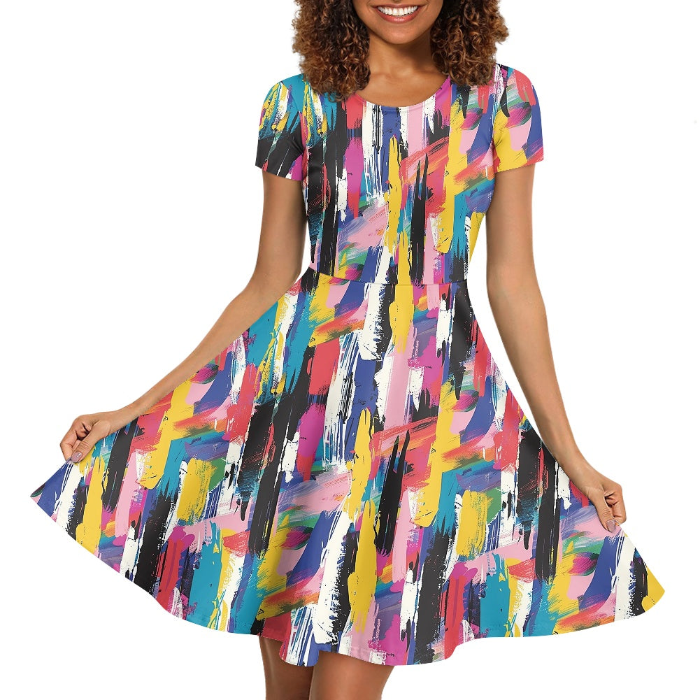 Luxtrini Abstract Art & Brush Strokes Women's Scoop Neck Short Sleeve Ruffle Dress - Elegant, Custom Handmade, Perfect for Any Occasion