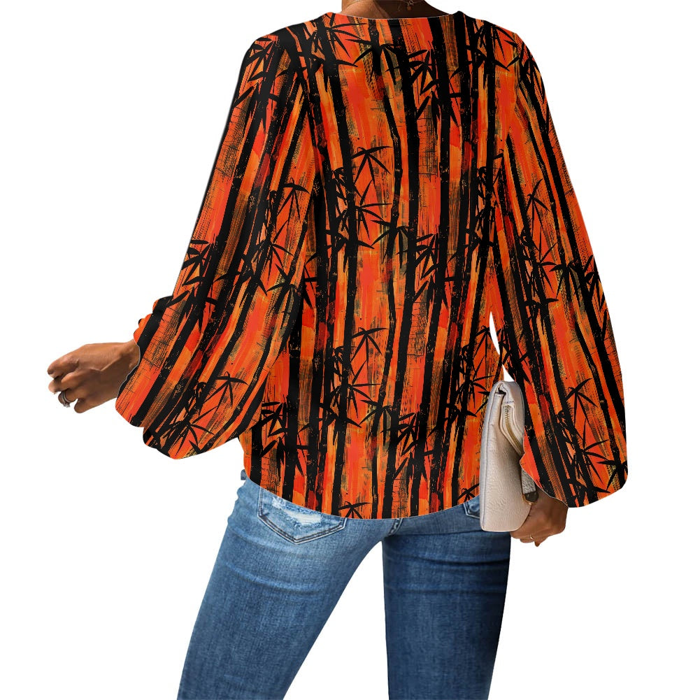 Bamboo at Sunset V-Neck Women Puff Sleeve Chiffon Blouse by Luxtrini