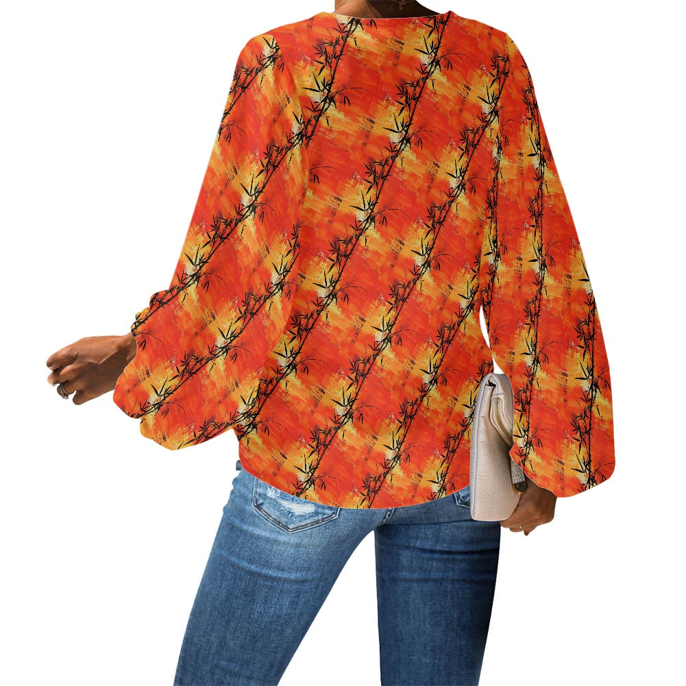 Bamboo at Sunset V-Neck Women Puff Sleeve Chiffon Blouse by Luxtrini