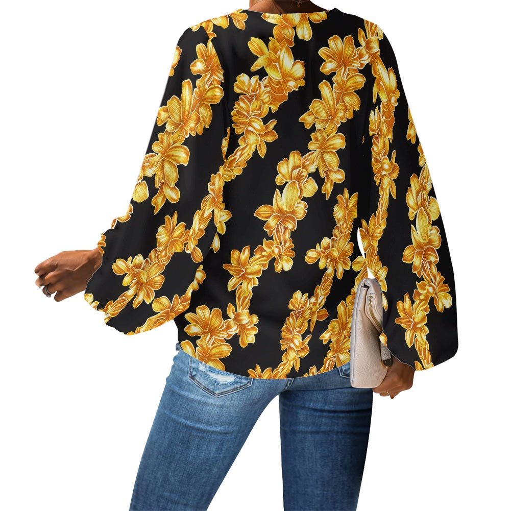 Lei Golden on Black V-Neck Chiffon Puff Sleeve Blouse by Luxtrini