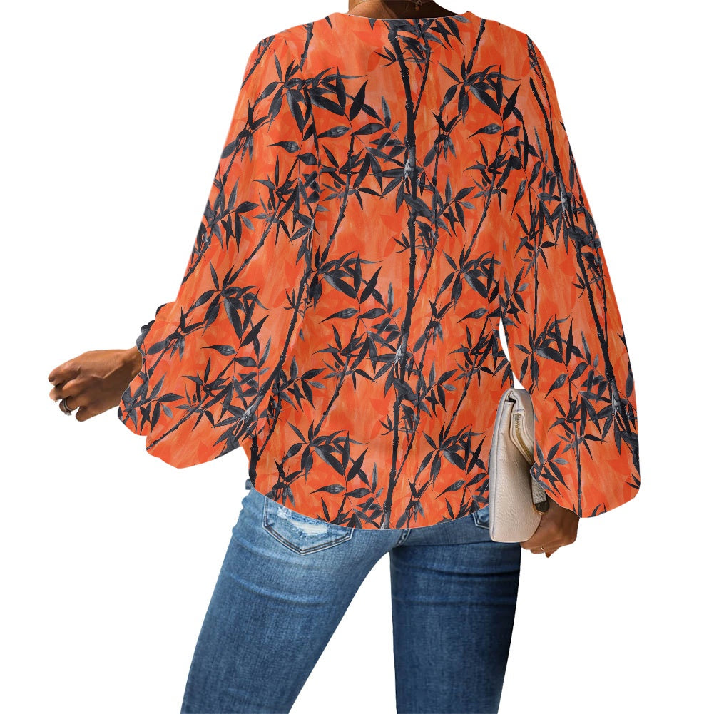 Bamboo at Sunset V-Neck Women Puff Sleeve Chiffon Blouse by Luxtrini